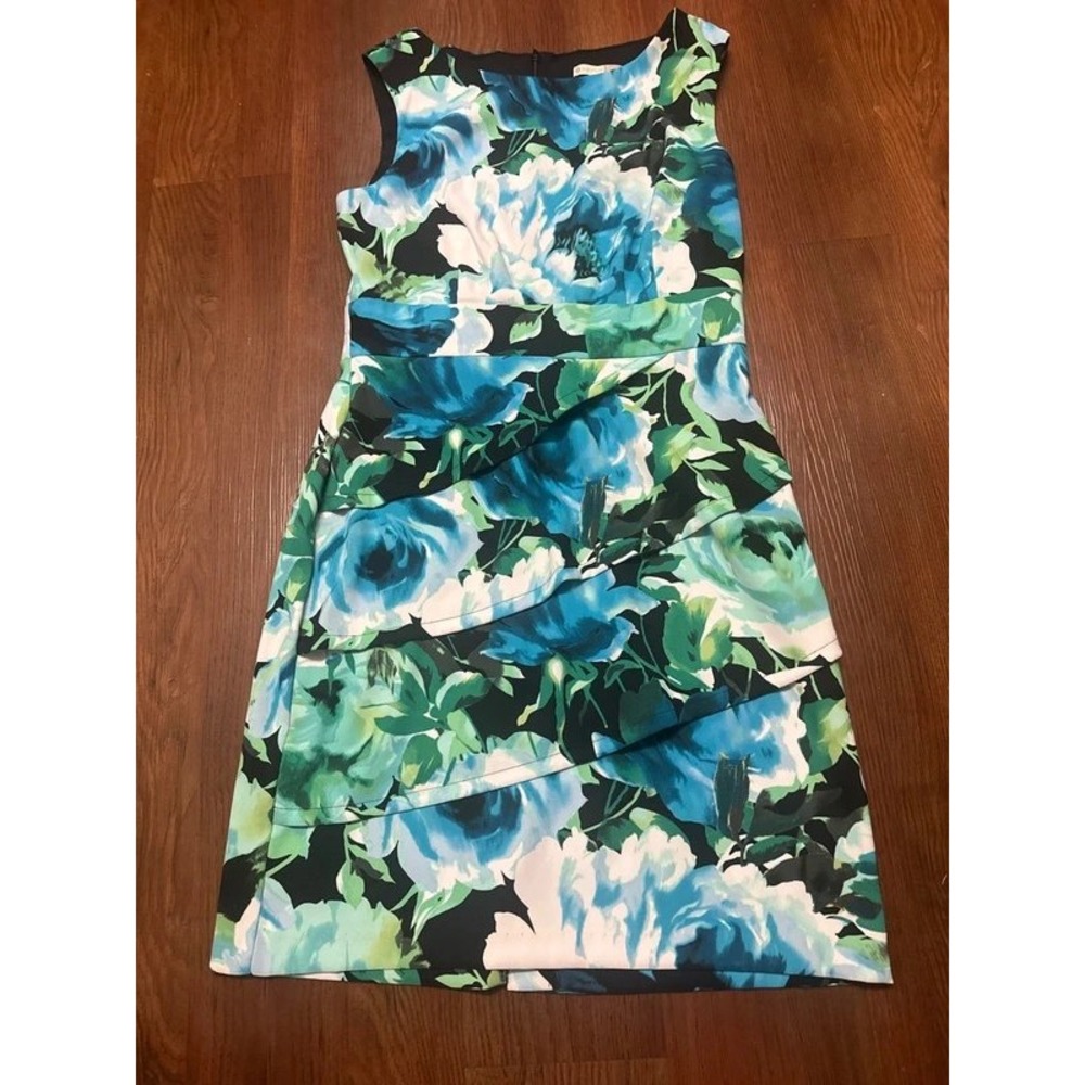 Signature Sabrina Floral Tiered Sheath Dress 10 Blue Green White